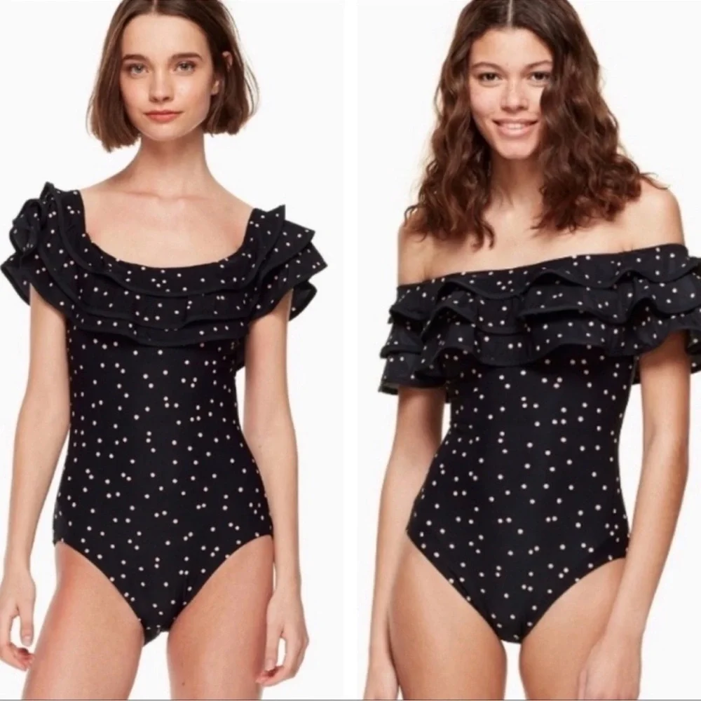 Kate Spade Polka Dot One-Piece Swimsuit With‎ Ruffle Off-Shoulder Design Size XS